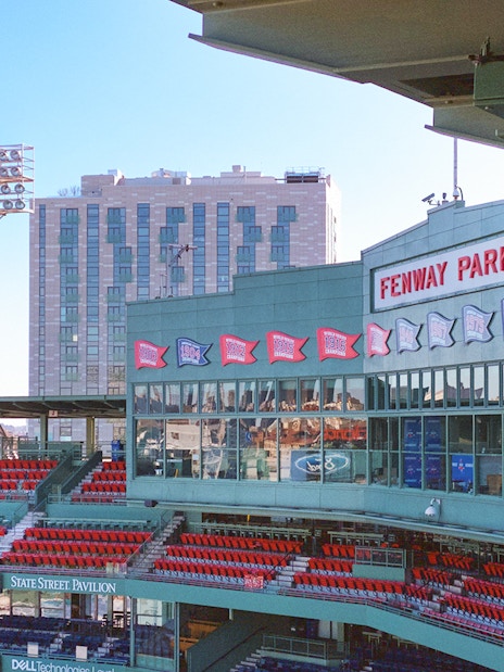 Fenway Park seating area and exterior view in Boston.