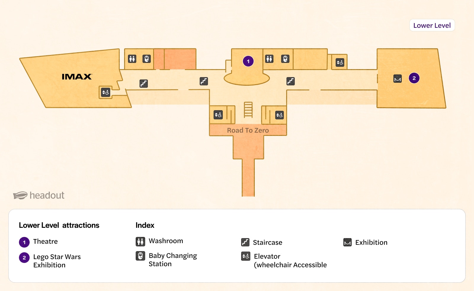 Lower level map of Melbourne Museum showing IMAX, theatre, and Lego Star Wars exhibition.