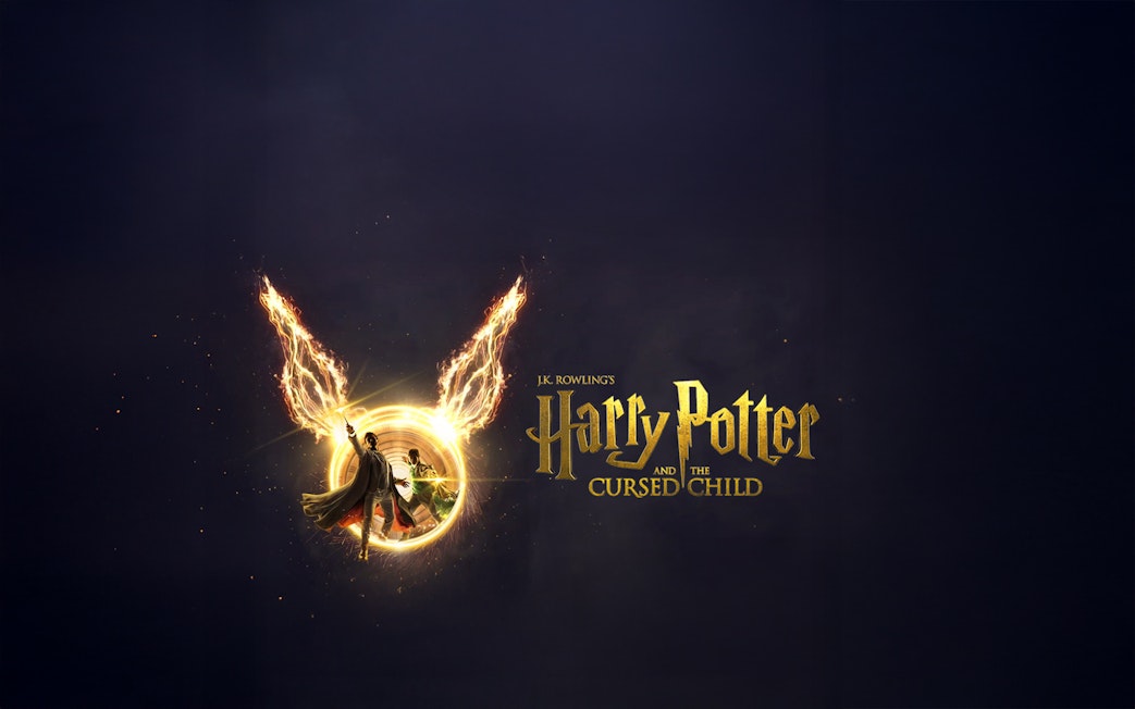 Harry Potter and the Cursed Child logo with fiery wings and characters.