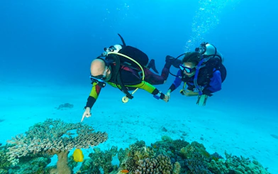 Scuba divers exploring coral reef in the Red Sea, Hurghada.