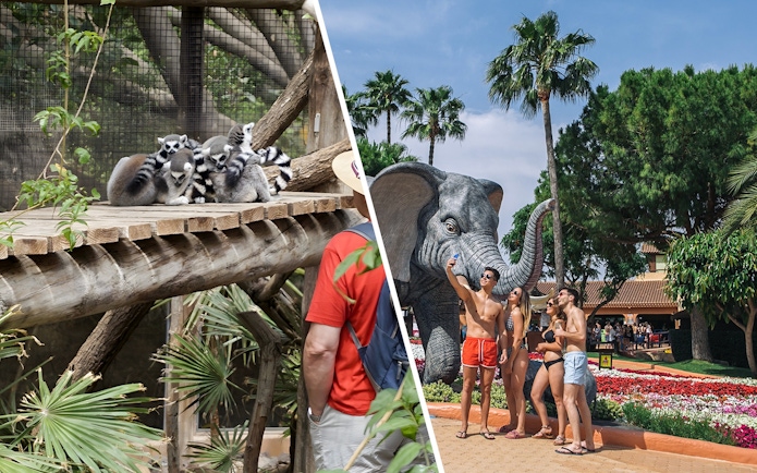 Tourists observing lemurs and taking selfies near elephant statue at Jungle Park Tenerife.