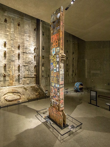 Steel beam with FDNY graffiti at 9/11 Memorial Museum, New York City.