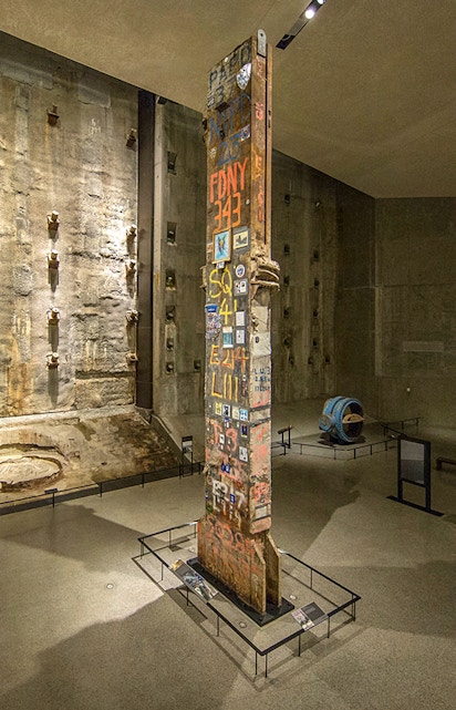 Steel beam with FDNY graffiti at 9/11 Memorial Museum, New York City.