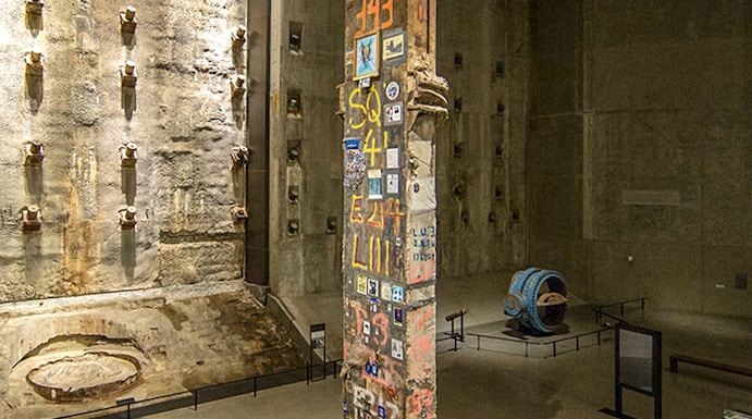Steel beam with FDNY graffiti at 9/11 Memorial Museum, New York City.