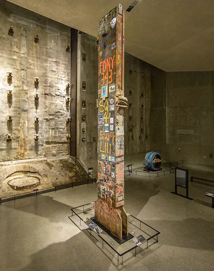 Steel beam with FDNY graffiti at 9/11 Memorial Museum, New York City.