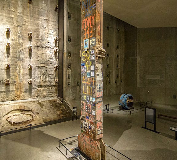 Steel beam with FDNY graffiti at 9/11 Memorial Museum, New York City.