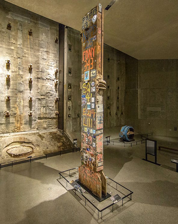 Steel beam with FDNY graffiti at 9/11 Memorial Museum, New York City.