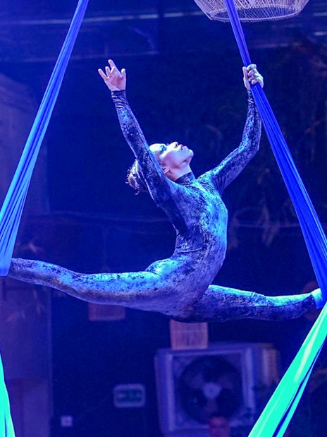 Aerial performer at Nouba Restaurant Dinner Show in a split pose on blue silks.