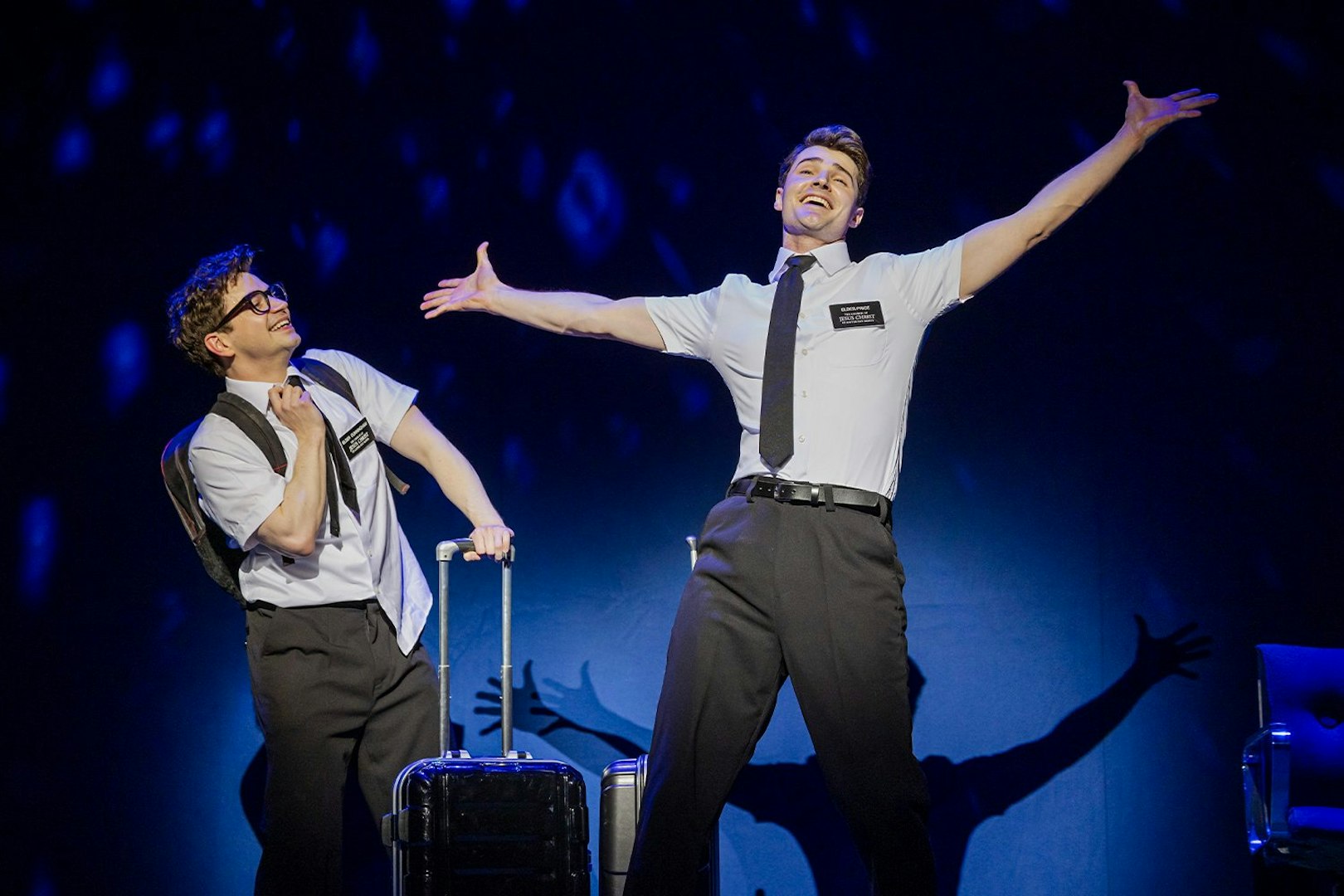 Stage performance of The Book of Mormon in Brisbane with two actors in character.