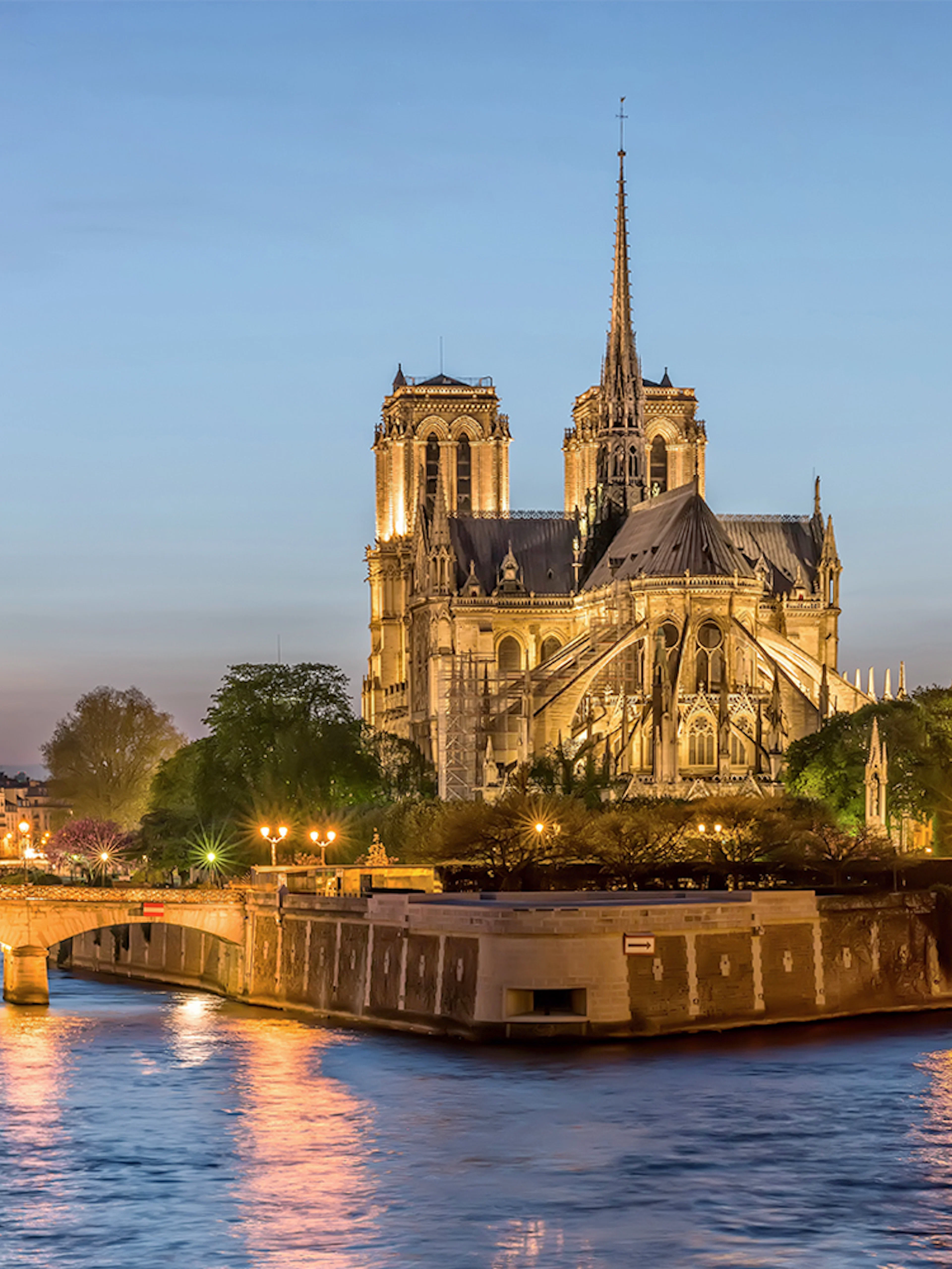 Notre-Dame de Paris illuminated at dusk during city tour along the Seine River.