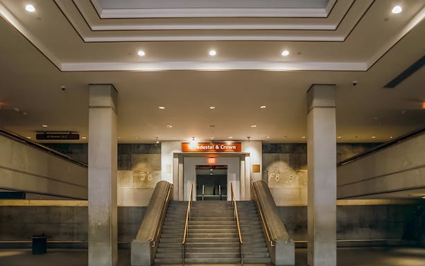 Staircase leading to the Pedestal and Crown entrance at the Statue of Liberty.