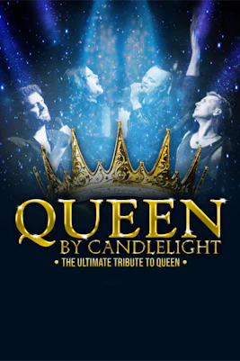 Musicians performing Queen songs at a candlelit concert in a historic venue.