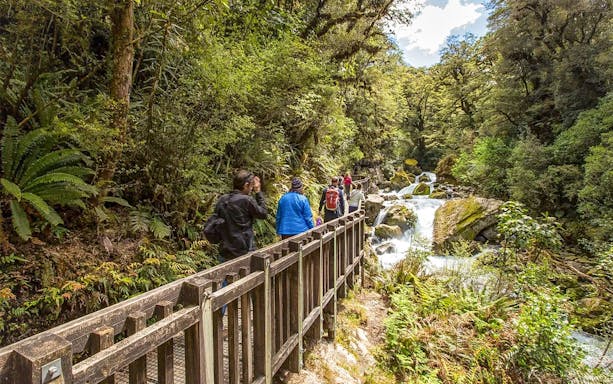 Hikers on Milford Track bridge near waterfall, Te Anau, New Zealand.