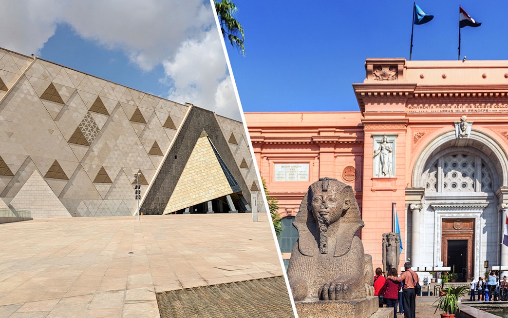 Grand Egyptian Museum modern facade and Egyptian Museum entrance with sphinx statue.