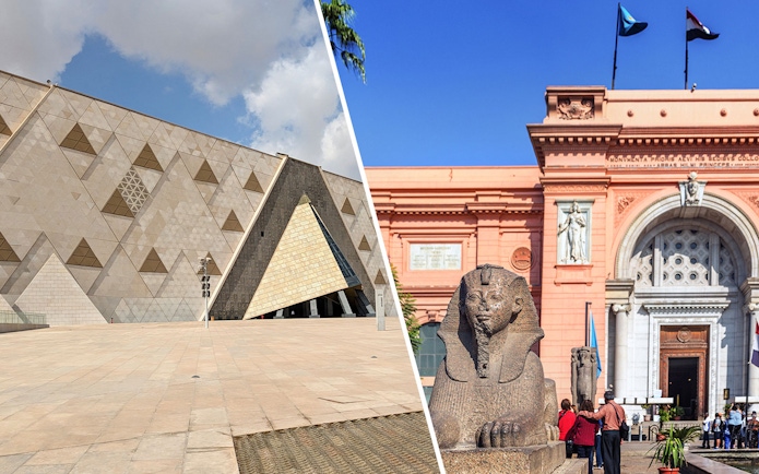 Grand Egyptian Museum modern facade and Egyptian Museum entrance with sphinx statue.