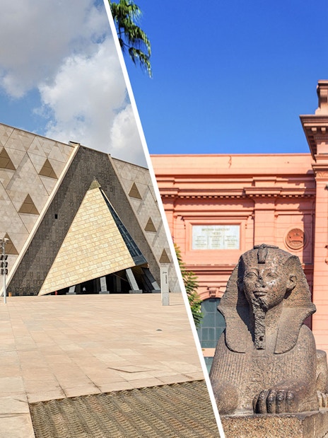 Grand Egyptian Museum modern facade and Egyptian Museum entrance with sphinx statue.