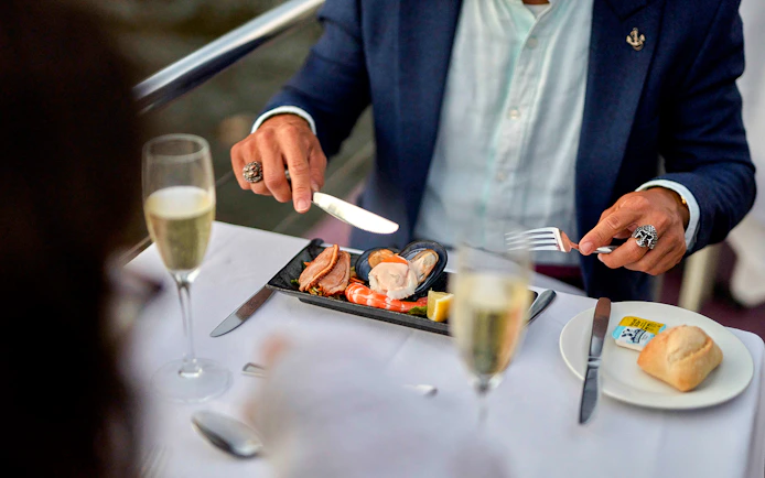 Dinner on Spirit of Melbourne Cruise with seafood platter and champagne on Yarra River.