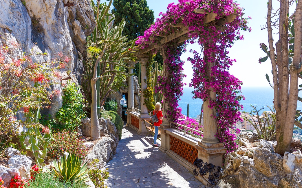 Pathway through Jardin Exotique in Eze with sea view and vibrant flowers.
