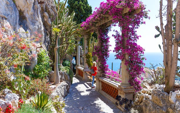 Pathway through Jardin Exotique in Eze with sea view and vibrant flowers.