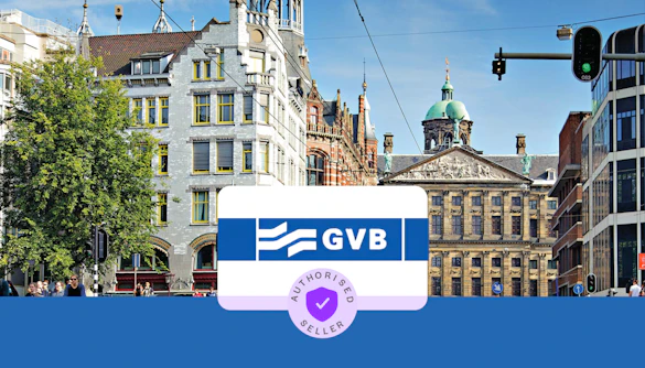 GVB logo with Amsterdam cityscape in the background, promoting public transport pass.