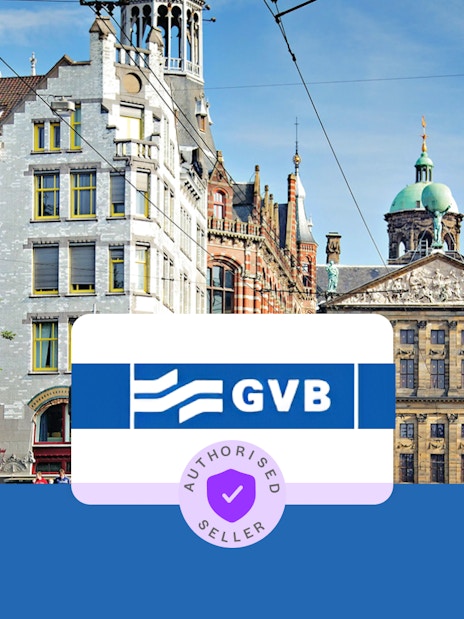 GVB logo with Amsterdam cityscape in the background, promoting public transport pass.