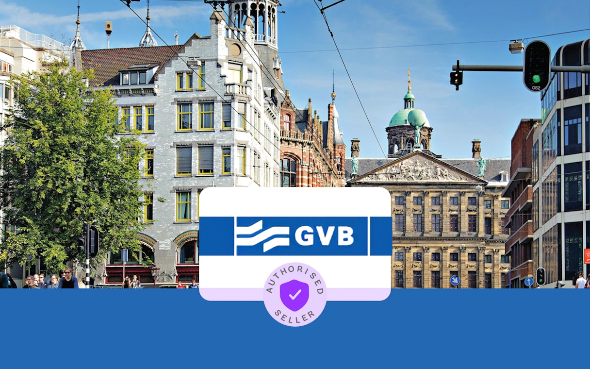 GVB logo with Amsterdam cityscape in the background, promoting public transport pass.