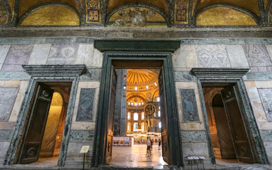 Imperial Gate of Hagia Sophia with interior view, Istanbul, Turkey.