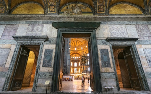 Imperial Gate of Hagia Sophia with interior view, Istanbul, Turkey.