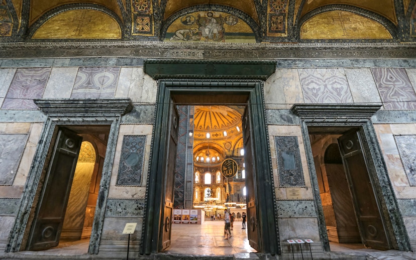 Imperial Gate of Hagia Sophia with interior view, Istanbul, Turkey.