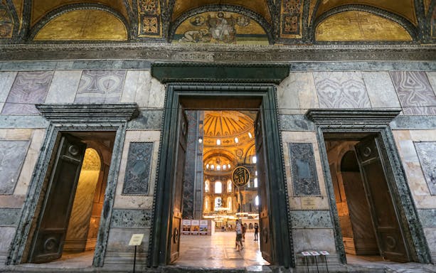 Imperial Gate of Hagia Sophia with interior view, Istanbul, Turkey.