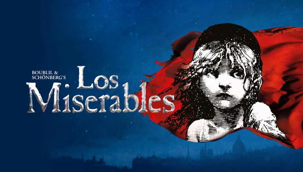 Les Miserables logo with a young girl's face and red flag background.