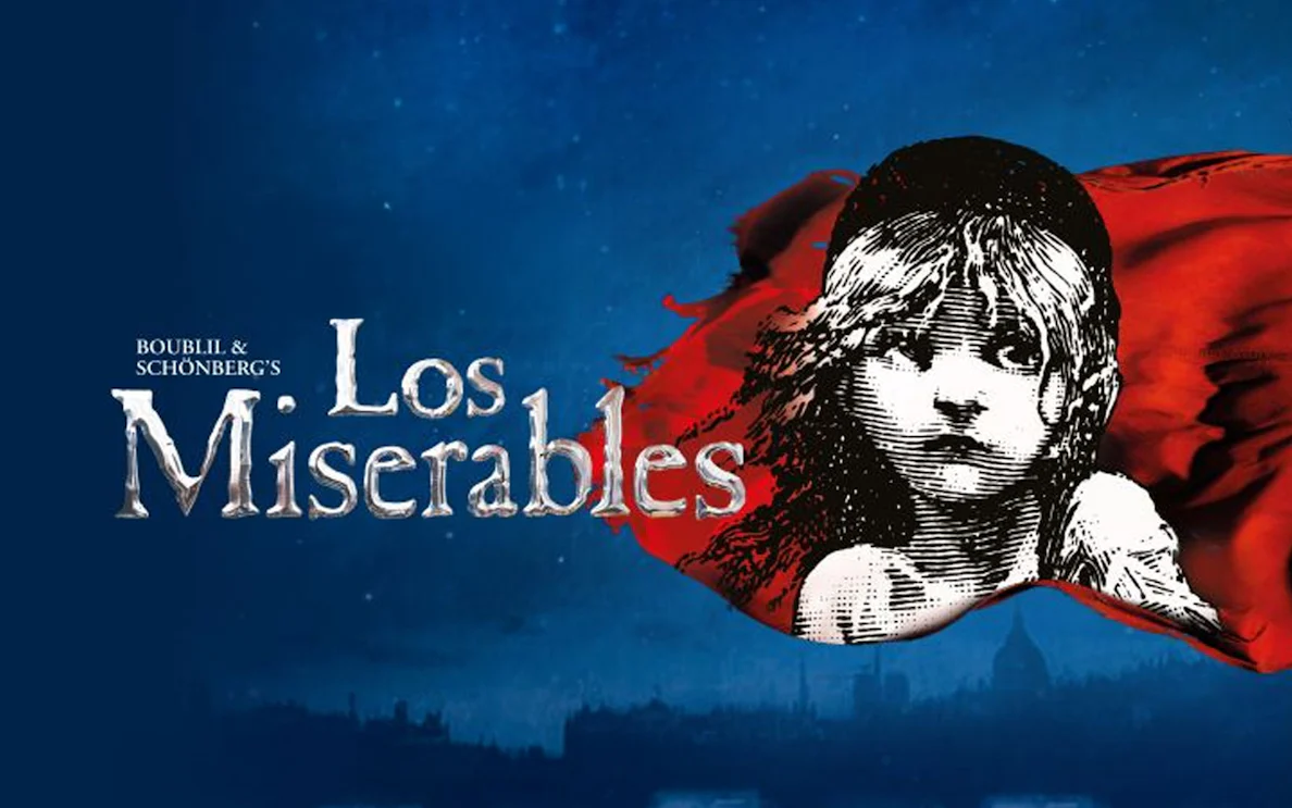Les Miserables logo with a young girl's face and red flag background.