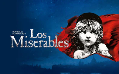 Les Miserables logo with a young girl's face and red flag background.