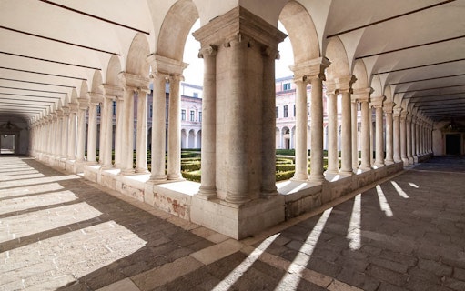 Cloister with columns at Giorgio Cini Foundation, Venice, part of the Borges Labyrinth tour.