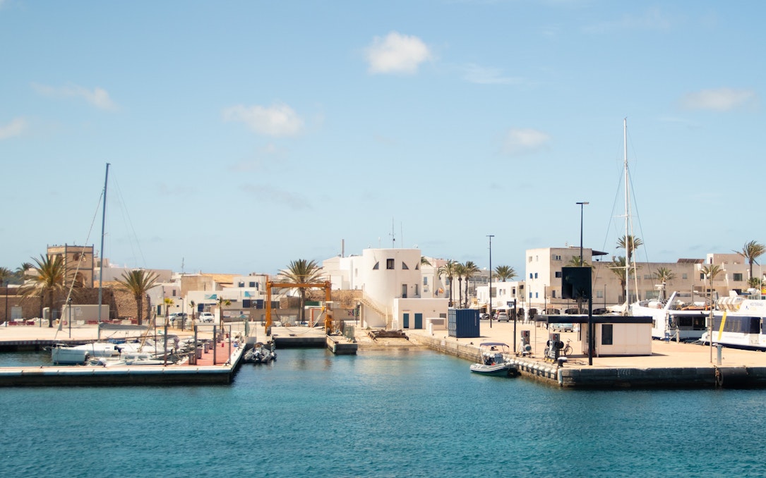 Formentera Port with boats docked and white buildings in the background.