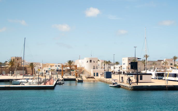 Formentera Port with boats docked and white buildings in the background.