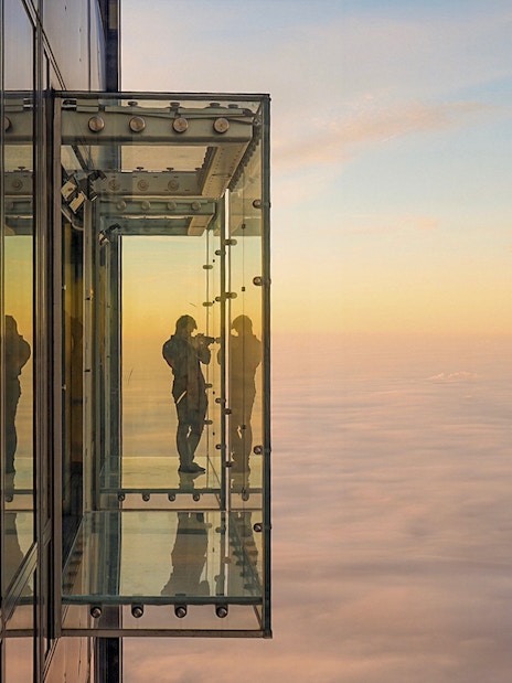 View from Willis Tower Skydeck in Chicago at sunset.
