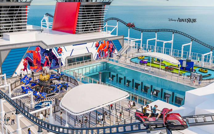 Disney Adventure Cruise deck with Marvel-themed attractions and roller coaster, departing from Singapore.