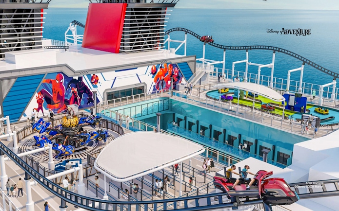 Disney Adventure Cruise deck with Marvel-themed attractions and roller coaster, departing from Singapore.