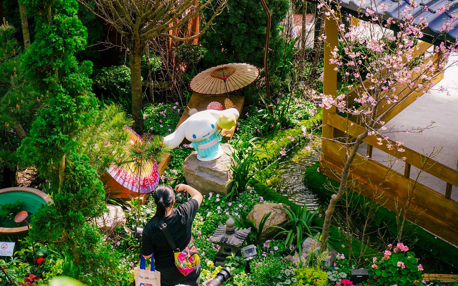 Gardens by the Bay Sakura event with cherry blossoms and character statue.