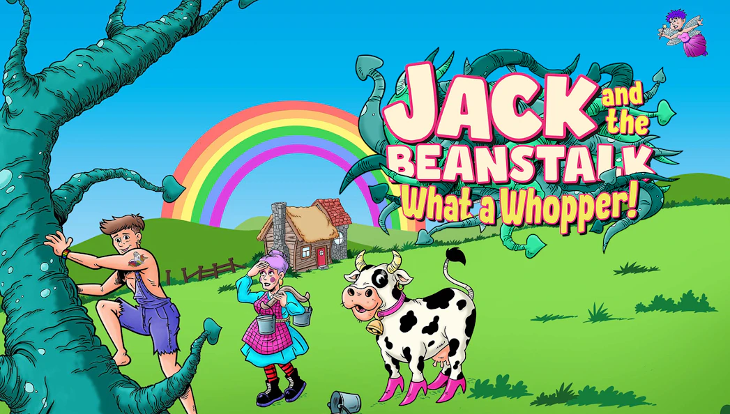 Jack climbing beanstalk with cottage, rainbow, and cow in countryside scene.