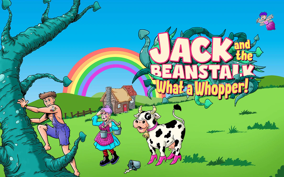 Jack climbing beanstalk with cottage, rainbow, and cow in countryside scene.