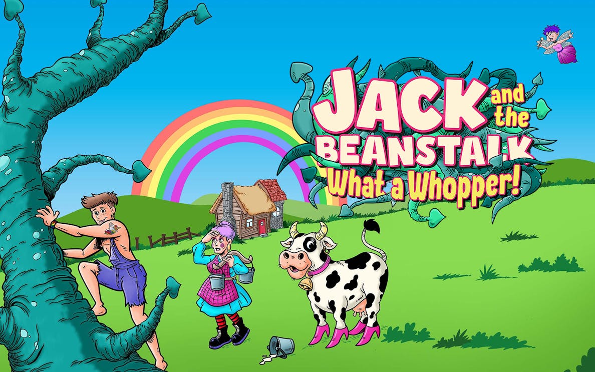 Jack climbing beanstalk with cottage, rainbow, and cow in countryside scene.
