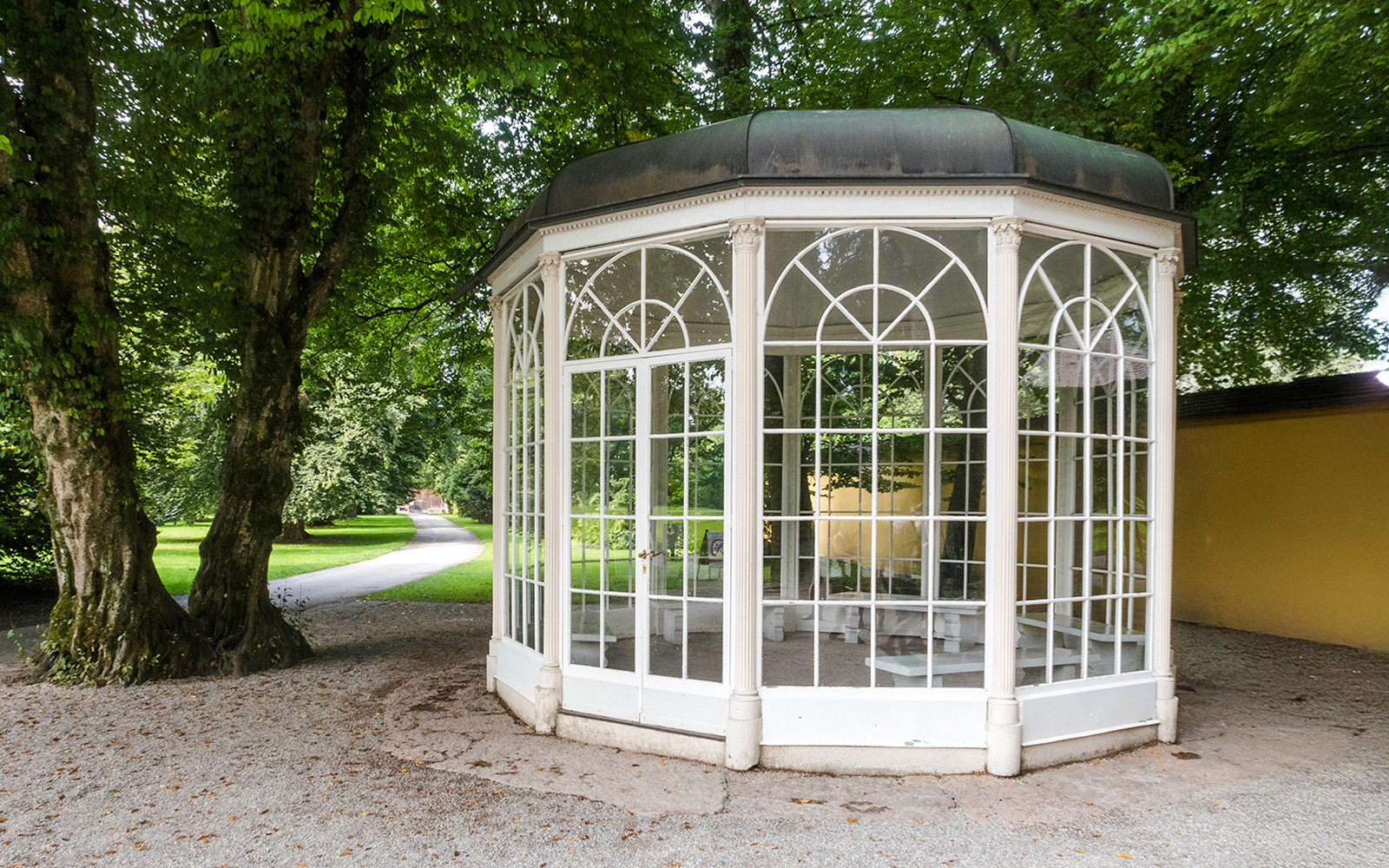 Gazebo at Hellbrunn Palace surrounded by trees, Salzburg, Austria.
