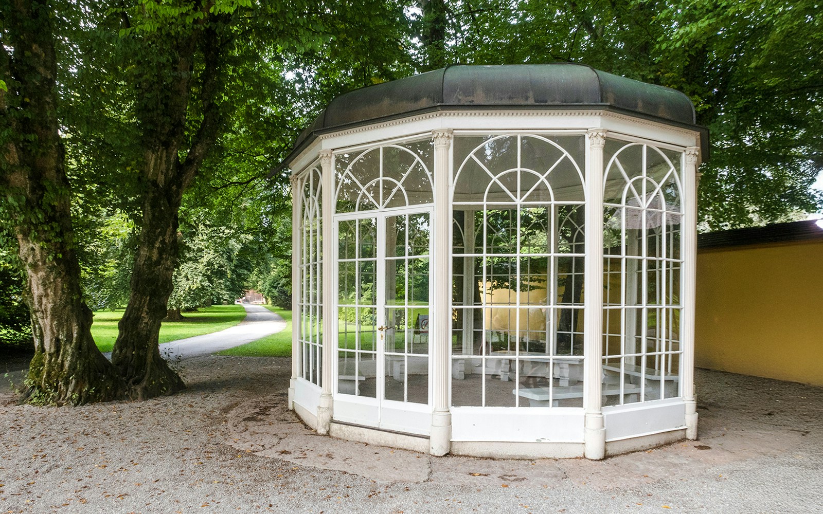 Gazebo at Hellbrunn Palace surrounded by trees, Salzburg, Austria.