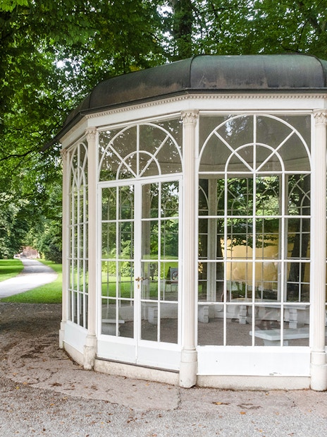 Gazebo at Hellbrunn Palace surrounded by trees, Salzburg, Austria.