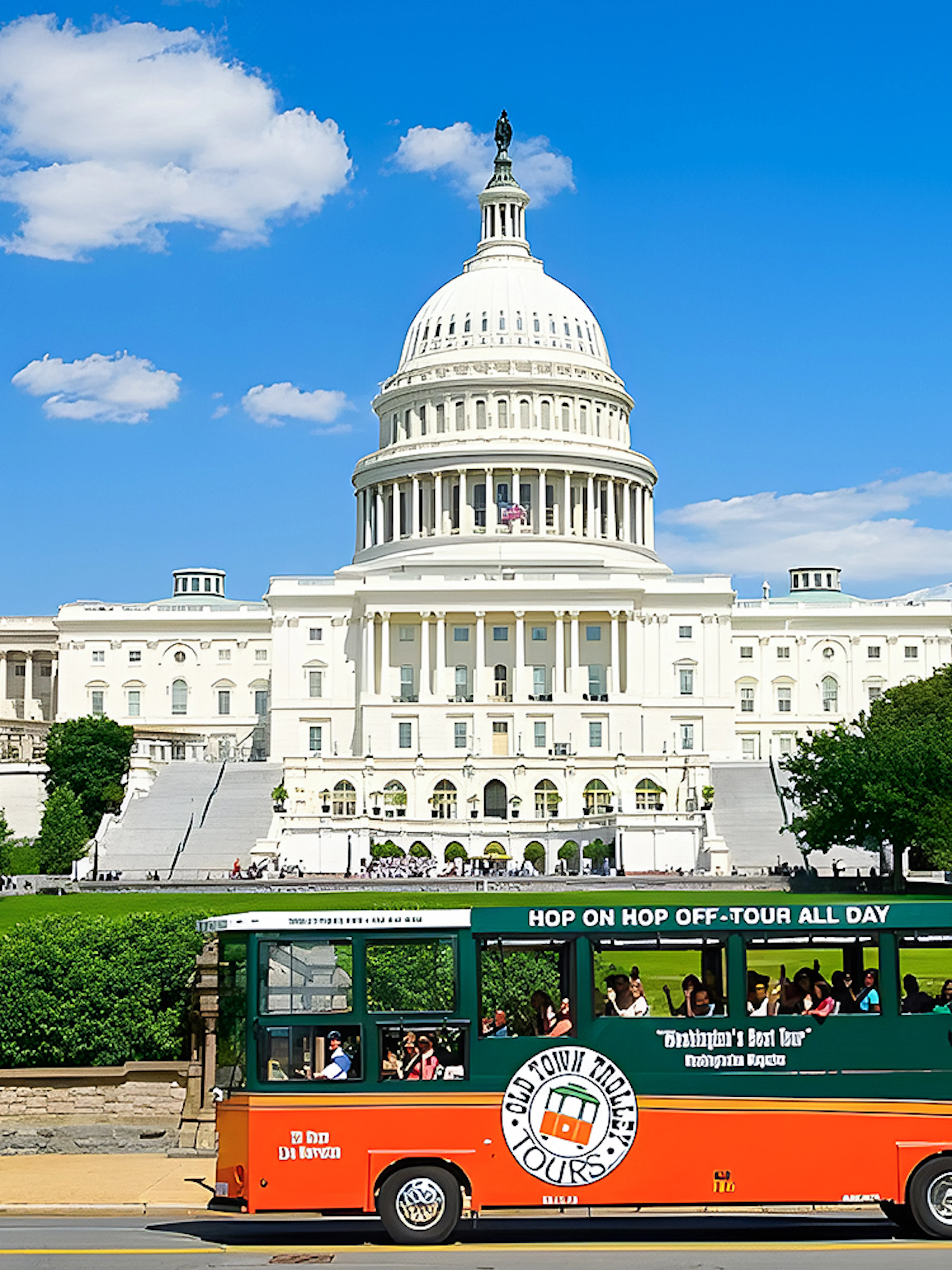 Hop-on hop-off tour bus in front of the U.S. Capitol, Washington DC.