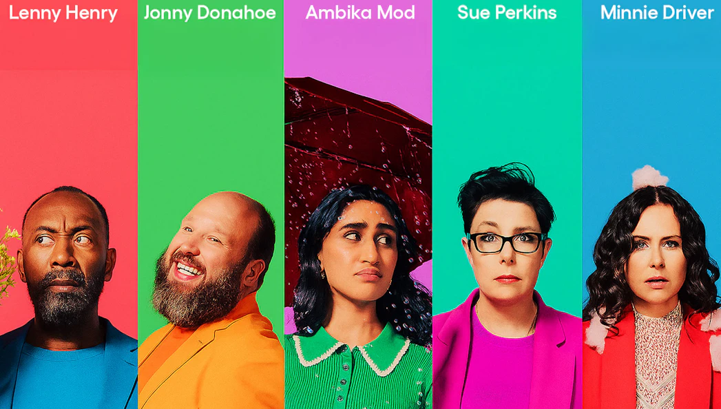 Colorful promotional image for "Every Brilliant Thing" featuring five individuals against vibrant backgrounds.