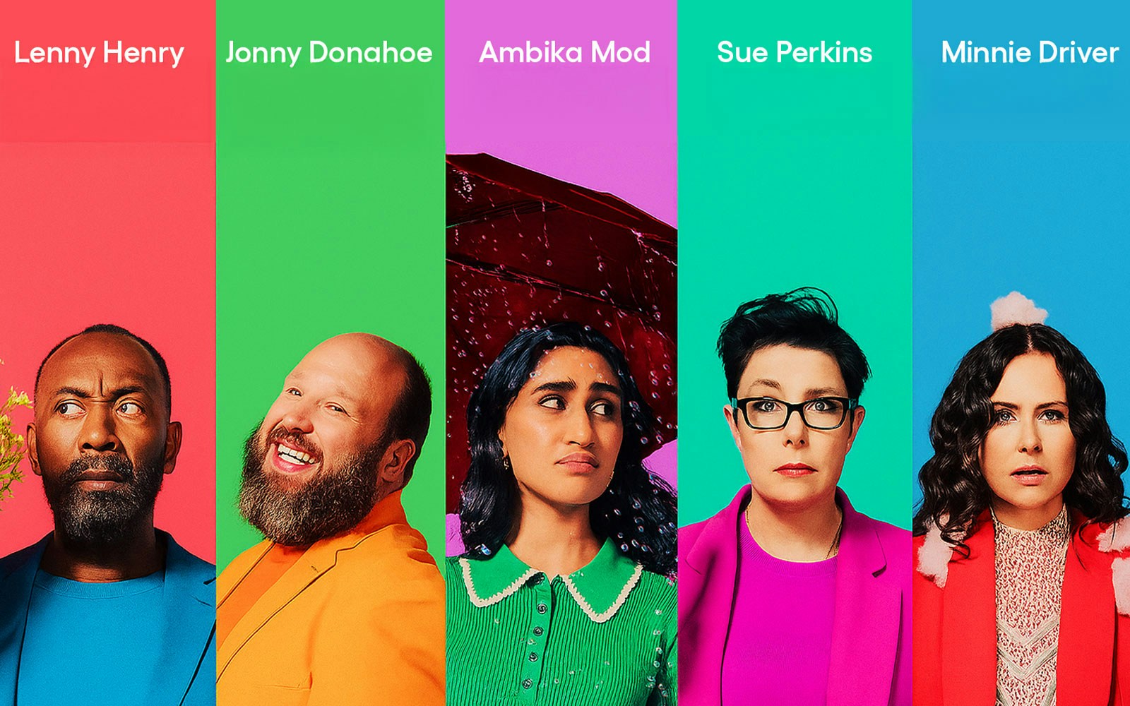 Colorful promotional image for "Every Brilliant Thing" featuring five individuals against vibrant backgrounds.