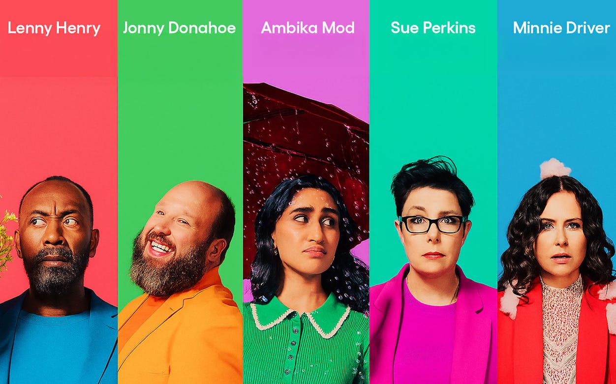 Colorful promotional image for "Every Brilliant Thing" featuring five individuals against vibrant backgrounds.